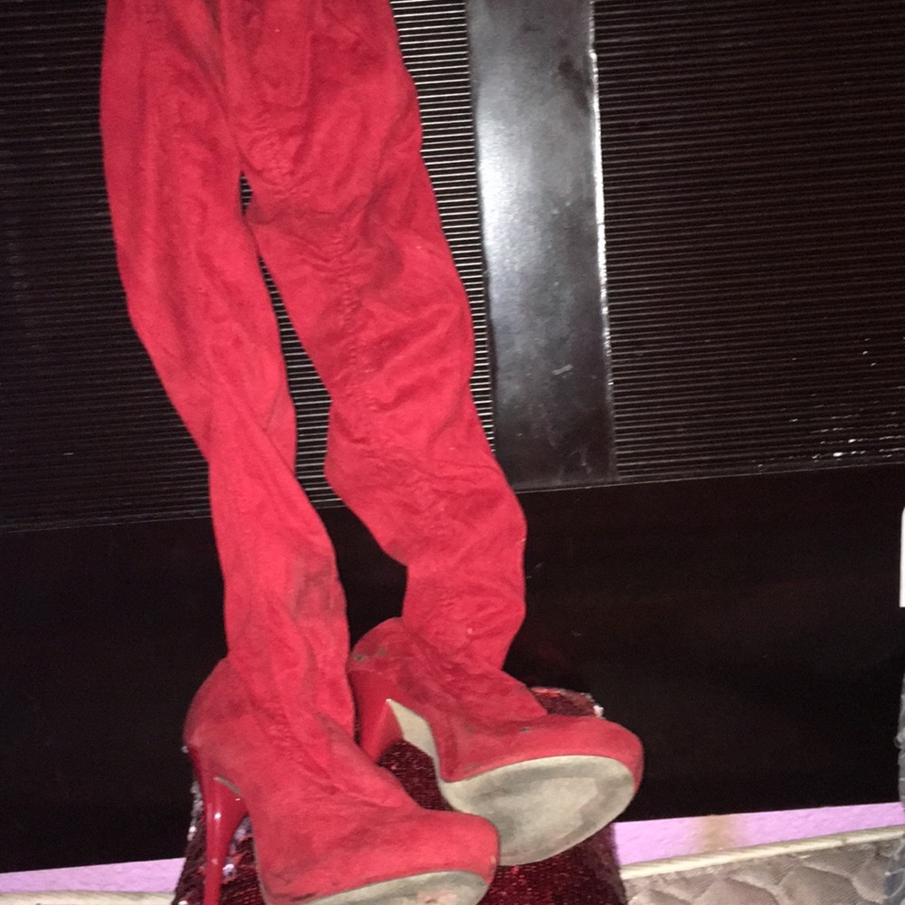 Red 30inch heeled boot